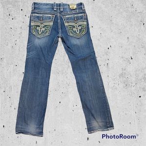 Rock Revival blue jeans 34 straight high rise faded whiskered studded stitched